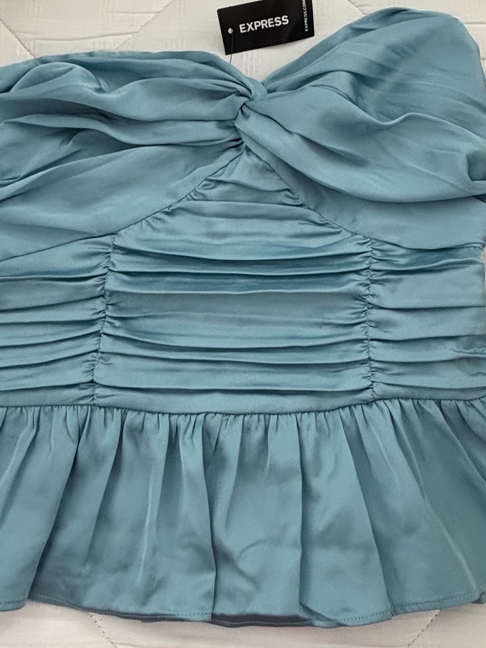 Express Strapless Ruched Satin Peplum top in Dusty Blue